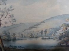 LATE 18TH.C.ENGLISH SCHOOL, A RIVER LANDSCAPE, WATERCOLOUR, INSCRIBED ON THE REVERSE. 15X24CMS.