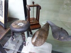 TWO 19TH CENTURY CARVED AND PAINTED WOOD BIRD DECOYS, A DUCK AND A PIGEON. TOGETHER WITHA