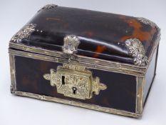 A CADDY TOPPED TORTOISE SHELL WHITE METAL MOUNTED HINGED BOX, (WIDTH APPROX 15CMS)