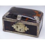 A CADDY TOPPED TORTOISE SHELL WHITE METAL MOUNTED HINGED BOX, (WIDTH APPROX 15CMS)