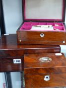 A VICTORIAN ROSEWOOD SEWING BOX WITH MOTHER OF PEARL MOUNTED FITTINGS, A SIMILAR SMALLER BOX AND A