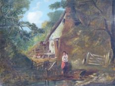 NORWICH SCHOOL (19TH CENTURY), FIGURES BY A COTTAGE, OIL ON CANVAS, 32 X 41CM.