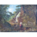 NORWICH SCHOOL (19TH CENTURY), FIGURES BY A COTTAGE, OIL ON CANVAS, 32 X 41CM.