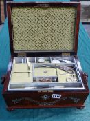 AN EARLY 19TH.C.ROSEWOOD AND MOTHER OF PEARL INLAID SARCOPHAGUS FORM SEWING BOX WITH VARIOUS