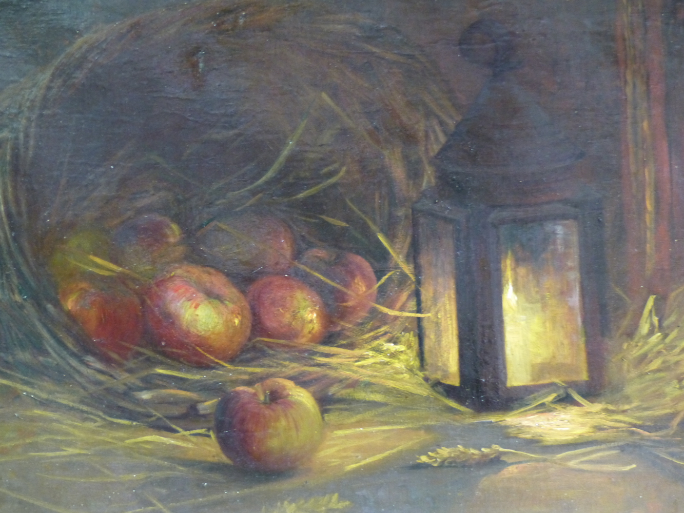 STILL LIFE OF FRUIT AND LANTERN, OIL ON CANVAS, 54.5 X 74.5CM.