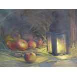 STILL LIFE OF FRUIT AND LANTERN, OIL ON CANVAS, 54.5 X 74.5CM.
