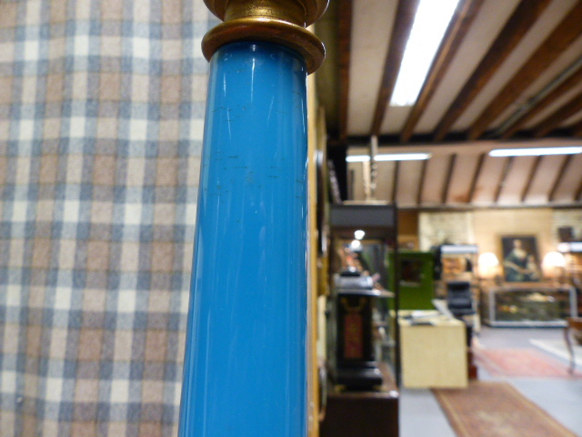 A LATE 19TH CENTURY FRENCH GILT METAL LAMP BASE WITH BLUE GLASS STEM AND SCROLLED FEET. (50CMS - Image 15 of 20