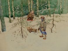 AN EARLY 20TH CENTURY WATERCOLOUR ILLUSTRATION OF TWO CHILDREN SLEDGING NEAR PINE TREES,