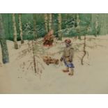 AN EARLY 20TH CENTURY WATERCOLOUR ILLUSTRATION OF TWO CHILDREN SLEDGING NEAR PINE TREES,