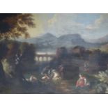 ITALIAN SCHOOL (18TH CENTURY), PEASANTS NEAR A TOWN IN A MOUNTAINOUS LANDSCAPE, OIL ON CANVAS, 89