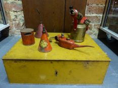 AN ANTIQUE SMALL IRON LOCK BOX TOGETHR WITH A VINATGE BRASS BLOW LAMP, VARIOUS OIL CANSD AND OTHER