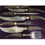 AN IMPRESSIVE LATE VICTORIAN CASED SILVER PLATE CARVING AND FISH SERVING SET WITH ANTLER HANDLES.