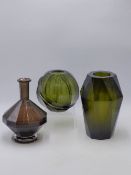 THREE CONTINENTAL HEAVY CUT GLASS ART DECO STYLE VASES, THE HEIGHT OF THE LARGEST 20CMS