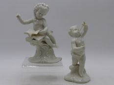 TWO GERMAN PORCELAIN BLANC DE CHINE FIGURES OF YOUNG MUSICIANS. 16CMS HIGH.