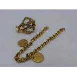 A 9CT YELLOW GOLD BRACELET WITH TWO ENGRAVED DISCS TOGETHER WITH A YELLOW METAL AND STONE SET BROOCH