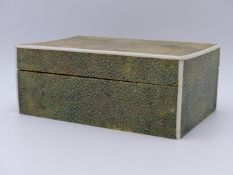 AN EARLY 20TH.C. SHAGREEN AND IVORY MOUNTED CIGARETTE BOX. 15CMS WIDE