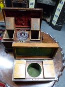 A GEORGIAN INLAID SATINWOOD TEA CADDY TOGETHER WITH A BURL YEW WOOD LATE REGENCY EXAMPLE, BOTH