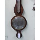 A 19TH.C.MAHOGANY AND EBONY BANDED FOUR GLASS BANJO BAROMETER WITH SILVERED DIAL SIGNED GANTHONY,