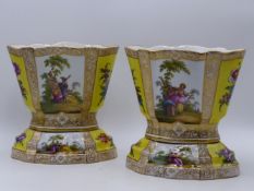 A PAIR OF GERMAN MEISSEN STYLE CACHE POTS WITH CONFORMING BASES. POLYCHROME PANELS OF FIGURES,