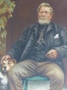 ENGLISH LATE VICTORIAN SCHOOL, A PORTRAIT OF A GENTLEMAN WITH HIS DOG, OIL ON CANVAS. 90 X 76CMS