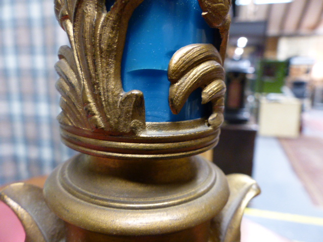 A LATE 19TH CENTURY FRENCH GILT METAL LAMP BASE WITH BLUE GLASS STEM AND SCROLLED FEET. (50CMS - Image 10 of 20