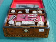 A VICTORIAN WALNUT AND TUNBRIDGE INLAID DRESSING CASE WITH SILVER MOUNTED FITTINGS.