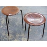 A PAIR OF ROUND MOULDED PLYWOOD SEAT RETRO STOOLS.