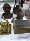 A FOSSIL MAMMOTH TOOTH, TOGETHER WITH A RELIC IRON CANON BALL, A 19TH IRON MONEY BOX, A BRASS DESK