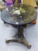 A GOOD VICTORIAN PAIER MACHE AND PAINT DECORATED OCCASIONAL TABLE ON TRIFORM PLATFORM BASE. 56CMS