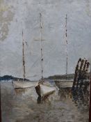 CONTINENTAL SCHOOL, MOORED DINGHIES, OIL ON CANVAS, ANOTHER PAINTING VERSO.