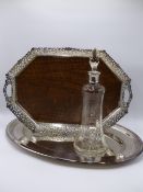 A GLASS DECANTER WITH SILVER COLLAR, TOWN MARK BIRMINGHAM, CIRCA 1907, A WHITE METAL PLATTER