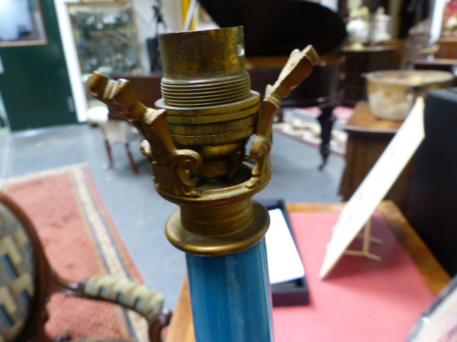 A LATE 19TH CENTURY FRENCH GILT METAL LAMP BASE WITH BLUE GLASS STEM AND SCROLLED FEET. (50CMS - Image 17 of 20