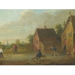MANNER OF DAVID TENIERS THE YOUNGER, PEASANTS PRACTISING ARCHERY,PEASANTS PLAYING SKITTLES, OIL ON