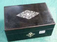 A VICTORIAN EBONY AND MOTHER OF PEARL INLAID SEWING BOX AND A TUNBRIDGEWARE EXAMPLE.