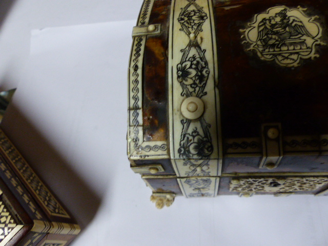AN EARLY 20TH.C.TORTOISESHELL AND IVORY MOUNTED DOME TOP CASKET ON CARVED PAW FEET TOGETHER WITH TWO - Image 5 of 27