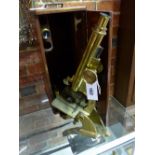 A 19TH.C.LACQUERED BRASS MICROSCOPE SIGNED PILLISCHER, LONDON,NO.148 COMPLETE WITH MAHOGANY CASE AND