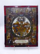 AN EARLY STAINED GLASS PANEL WITH A CENTRAL ARMORIAL CREST SURROUNDED BY ALLEGORICAL FIGURES.