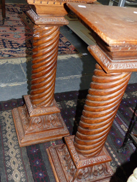 A PAIR OF CARVED HARDWOOD SPIRAL COLUMN PEDESTALS. 83CMS.HIGH - Image 7 of 16