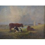 MANNER OF THOMAS SIDNEY COOPER, CATTLE BY A RIVER BANK, OIL ON PANEL, 20 X 23.5CM.