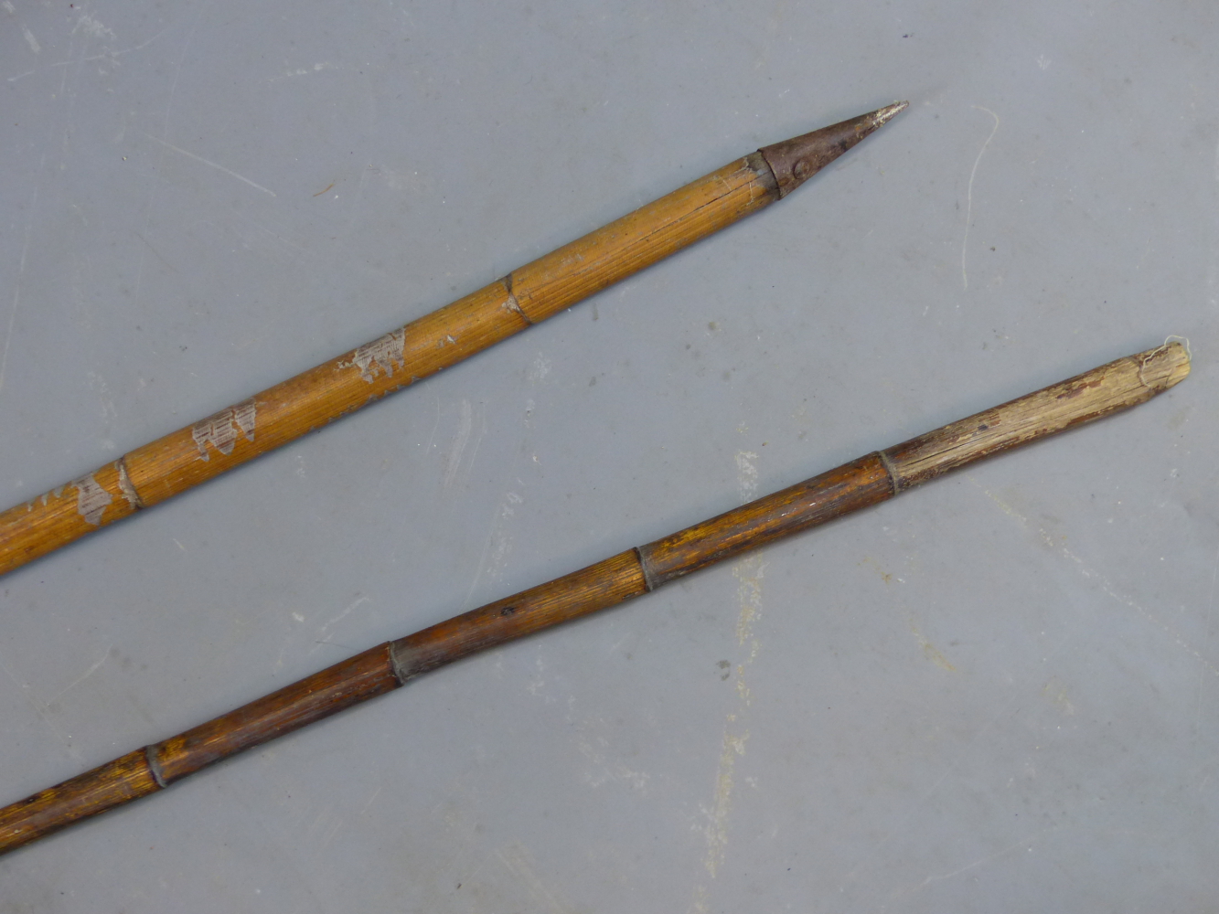 A BAMBOO SHAFTED IRON HEAD SPEAR WITH WOVEN BINDING, PROBABLY AFRICAN TOGETHER WITH A FURTHER BAMBOO - Image 3 of 4