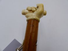 A 19TH CENTURY IVORY TOP WALKING CANE, THE KNOP CARVED AS HAND GRIPPING A STAVE. MOUNTED ON A PERIOD