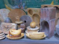 A COLLECTION OF 19TH.C.AND LATER TREEN TO INCLUDE A GESSO MOULD, VARIOUS BOWLS INCLUDING TWO BY JOHN