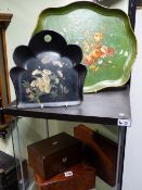 A BURR WOOD HINGED LID BOX, A SMALL VICTORIAN BOX AND TWO PAPIER MACHE TRAYS.