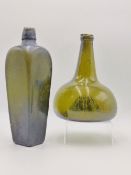 TWO EARLY GREEN/GLASS SPIRIT BOTTLES, ONE OF SQUARE TAPERED FORM THE OTHER OF ONION SHAPE.