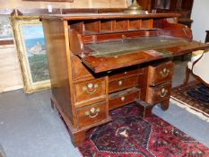 A GEORGIAN MAHOGANY KNEEHOLE SECRETAIRE WRITING DESK WITH LINE INLAID DECORATION. 91CMS WIDE.