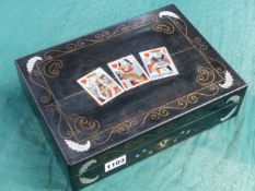 A 19TH.C.EBONY AND INLAID GAMES BOX, VARIOUSLY FITTED AND WITH QUANTITY OF MOTHER OF PEARL