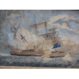 A SET OF FIVE HAND COLOURED ENGRAVINGS OF NAVAL SCENES, 25.5 X 35.5CM, IN SCUMBLED FRAMES. (5)