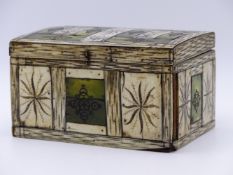 A SMALL 19TH.C.BONE MOUNTED CASKET WITH GREEN STAINED AND ENGRAVED DECORATION. 14CMS WIDE.