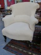 A PAIR OF LATE VICTORIAN TUB ARMCHAIRS WITH PLAIN CALICO UPHOLSTERY.