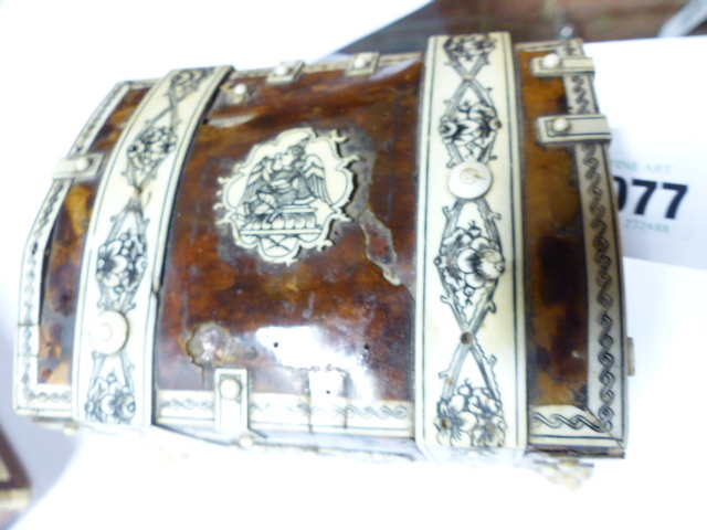 AN EARLY 20TH.C.TORTOISESHELL AND IVORY MOUNTED DOME TOP CASKET ON CARVED PAW FEET TOGETHER WITH TWO - Image 3 of 27